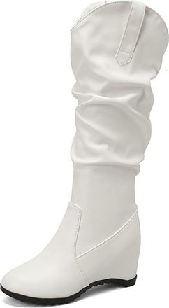 Generic Womens Fashion V-cut Wide Calf Slouch Ruched Knee High Boots Hidden Wedge Heels Round Toe Winter Shoes (White,7.5)