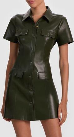 Alice & Olivia Jamie Faux Leather Mini Shirtdress in Dark Olive at Nordstrom Rack, Size 14