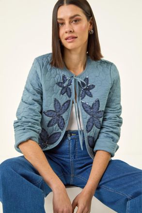 Roman Womens Sequin Embellished Quilted Jacket - Blue - Size 18 UK