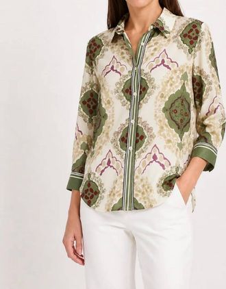 Lyss&eacute; Ishani Roll Tab Printed Shirt In Green Multi