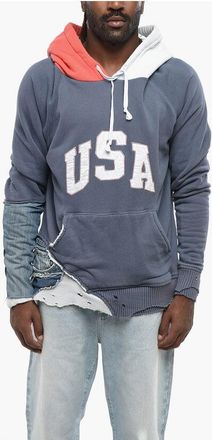 Greg Lauren Vintage Effect Hoodie with Denim Details size S