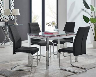 Furniturebox Enna White Glass Extending 4-6 Seater Dining Table & 4 Lorenzo Faux Leather Chairs in Black