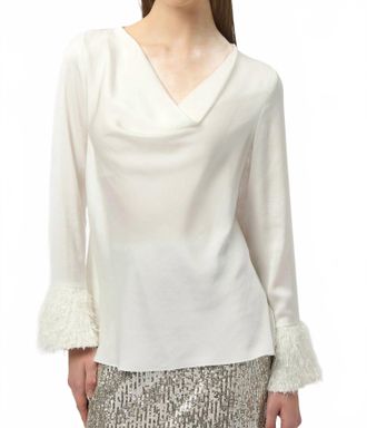 Joseph Ribkoff Cowl Neck Fringe Cuff Satin Top In Winter White