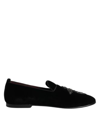 Dolce & Gabbana Black Velvet Embellished Loafer Slip On Mens Shoes