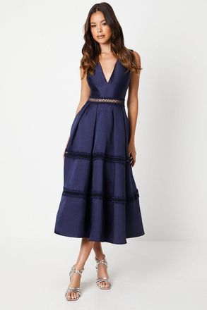 Coast Plunge Neck Twill Midi Dress With Lace Trims