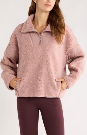 Zella Snowday Faux Shearling Quarter Zip Pullover in Pink Fawn at Nordstrom, Size X-Large