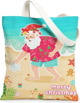 Generic Christmas Santa Beach Canvas Tote Bags, Holiday Tropical Pattern Reusable Bags, Summer Vintage Lightweight Washable Canvas, Blue, 13x15 Inch