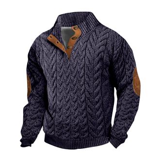 Generic Mens Cable Twist Knit Pullover, Button-Up Collar Casual Sweater. Soft Elbow Patch Knitwear for Men, Warm Autumn Winter Pullover, Classic Outdoor Sweat