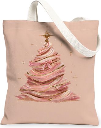 Generic Christmas Tree Canvas Tote Bags, Elegant Holiday Design Reusable Grocery Bags, Vintage Festive Lightweight Washable Shoulde, Peach, 13x15 Inch