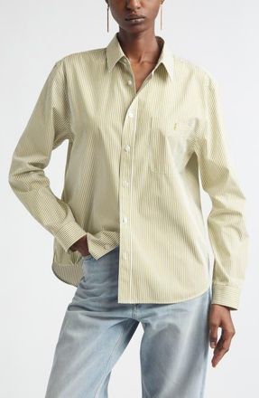 Saint Laurent Classic Stripe Cotton Poplin Button-Up Shirt in Khaki/Blanc at Nordstrom, Size 6 Us