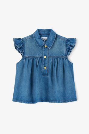 Ganni Blue Denim Ruffle Top - Size 34 Tencel