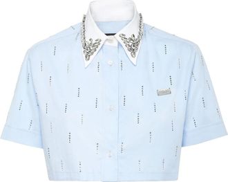 Philipp Plein Overhemden, Dames, Blauw, 2Xl, Katoen, Poplin Cropped Shirt SS Strass