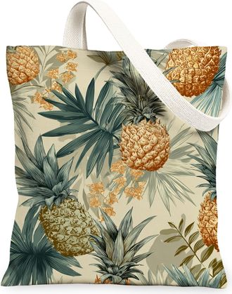 Generic Tropical Pineapple Canvas Tote Bags, Fruit Leaf Pattern Reusable Grocery Bags, Summer Vintage Lightweight Washable Shoulder, Beige, 13x15 Inch