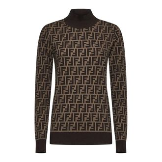 Fendi Turtlenecks, female, Brown, Size: 2XS Jacquard Knit Sweater with FF Pattern