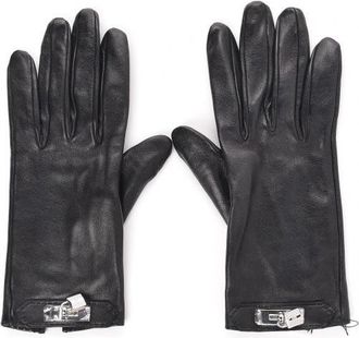 Herm&egrave;s Black Leather Kelly Lock Gloves with Palladium Hardware