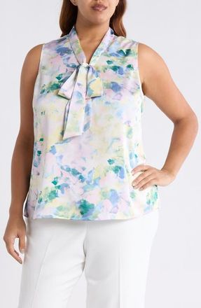 Tahari by ASL Abstract Floral Tie Neck Sleeveless Satin Top in Blush Buttercup at Nordstrom, Size 1 X
