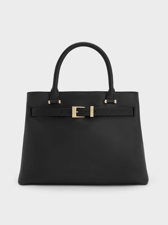 Charles & Keith Voyager Leather Belted Trapeze Tote Bag