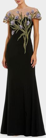 Mac Duggal Evening Embroidered Jersey Illusion-Neck Gown