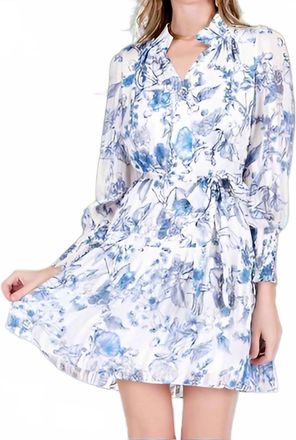 Jade Yoga Slit Neck Flounced Hem Dress In Blue Calla Lilies