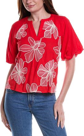 Vince Camuto Contrast Split Neck Linen-Blend Blouse