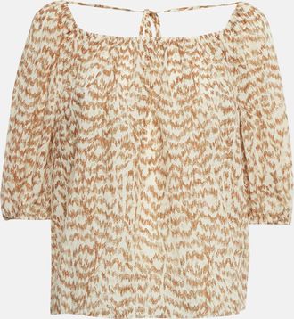 Theory Brown Desert Lawn Print Crepe Ss Scoop Tie Top