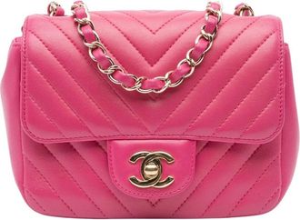 Chanel Pre-owned Mini Square Classic Chevron Lambskin Single Flap - Dames - Vintage Mini Tas - Roze - ONE Size - Leer - Vintage