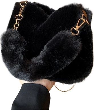 Generic Womens Plush Bags Women Handbags Winter Soft Plush Clutch Purse Ladies Shoulder Bags Female Pendant Messenger Bag(Black)