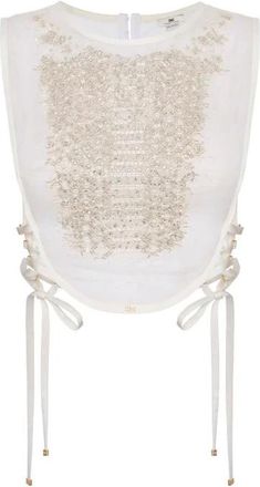 Elisabetta Franchi Tops, Dames, Beige, XS, Organza, Organza Bib met Kristallen