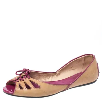 Tod's Tods Brown Leather And Patent Trim Peep Toe Ballet Flats