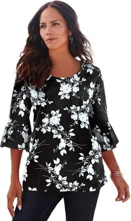 Roaman's Plus Size Cotton Ultimate Bell Sleeve Tee in Black Ivory Floral at Nordstrom, Size 44