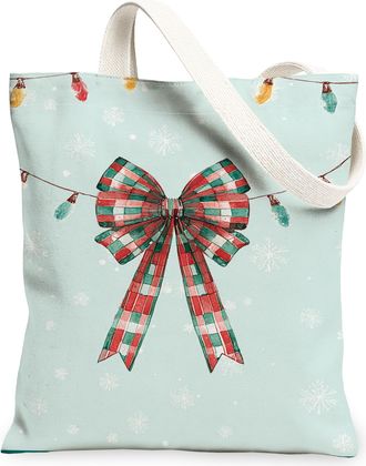 Generic Christmas Bow Canvas Tote Bags, Ribbon Pattern Reusable Grocery Bags, Winter Lightweight Washable Shoulder Strap Canvas for, Blue, 13x15 Inch