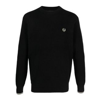 Fred Perry Round-neck Knitwear, male, Black, Size: S Knitted Crew Neck Sweater