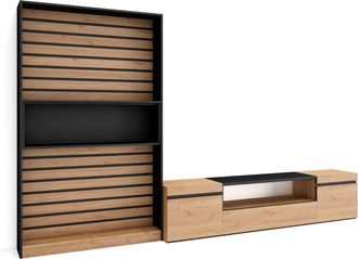 Skraut Home Skraut Home - Muebles De Sal&oacute;n Para Tv, Conjunto De Muebles Comedor, 310x186x35cm, Para Tv Hasta 80, Mueble Televisi&oacute;n, Estilo Moderno, Roble Y Negro