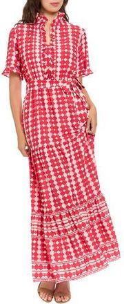 London Times Ruffle Neck Tiered Maxi Dress in Red/White at Nordstrom Rack, Size 14