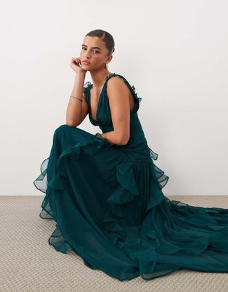 Asos vestito maxi arricciato con dettaglio a cascata in verde scuro
