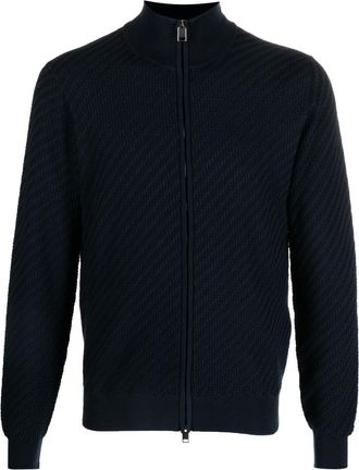 Brioni embossed-finish zip-up jumper - men - Cotton/Silk/Cashmere - 50 - Blue