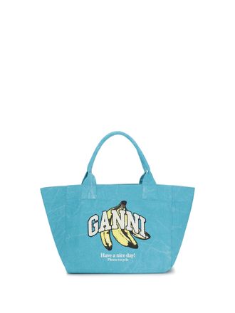 Ganni Womens Tote Bag Banana Print Blue Curacao Recycled Cotton Shoulder