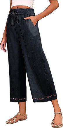 Generic 3/4 Length Trousers for Women UK Wide Leg Cropped Trousers Embroidered Cotton Linen Pants Ladies Capri Pants Stretch Elasticated Waist Summer Bottoms 