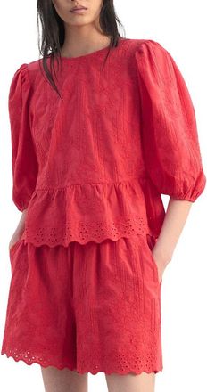 Mango Floral Embroidered Cotton Peplum Top in Strawberry at Nordstrom, Size 4