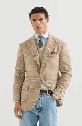 Brunello Cucinelli Comfort wool and cashmere Prince of Wales flannel deconstructed blazer with large peak lapels in Camel at Nordstrom, Size 56
