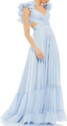 Mac Duggal Sleeveless Ruffle Tiered Cut-Out Chiffon Gown in Powder Blue at Nordstrom, Size 14