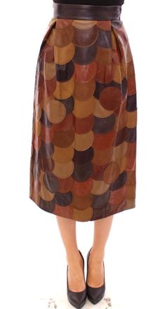 Dolce & Gabbana Womens Leather Patchwork Midi Skirt - Brown - Size EU 40 (Womens)