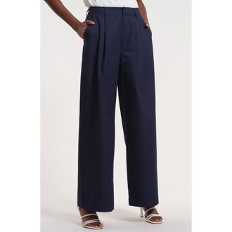 Isaac Mizrahi New York Pleated High Waist Cotton Wide Leg Pants in Navy at Nordstrom, Size 16