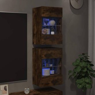 Berkfield Home TV Wall Cabinets with LED Lights 2 pcs Smoked Oak 40x30x60.5 cm in Brown