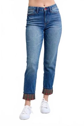 Judy Blue Mid-Rise Plaid Print Cuff Boyfriend Jeans In Medium Wash