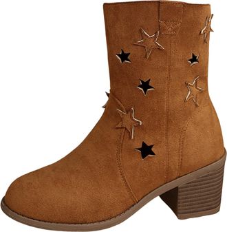 Generic Winter Ladies Autumn Winter Fashion Pointed Toe Chunky Heel Hollowed Out Casual Mid Calf Boots for Women Stylish Comfort Footwear (Brown, 5. 5)