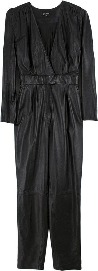 Black Plunge Neckline Leather Jumpsuit Size S