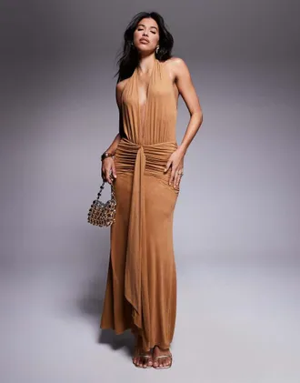 AFRM faux suede halter neck maxi dress with tie front in caramel-Brown
