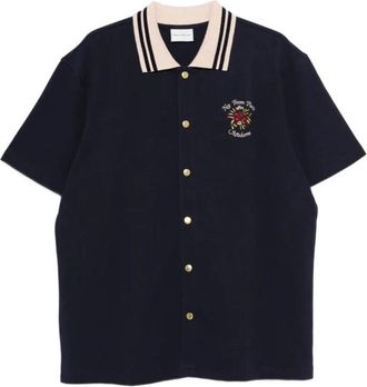 Dr&ocirc;le de Monsieur Korte Mouw Button-Up Shirt met Borduurwerk - Heren - Korte mouwen Overhemden - Blauw - M - Katoen - Overhemden