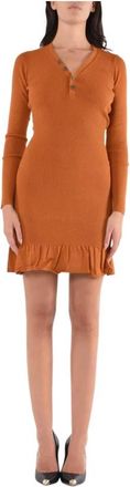 Twinset Bruine Geribbelde Gebreide Jurk met Ruche - Dames - Kleedjes - Bruin - S - Polyester - Kleedjes